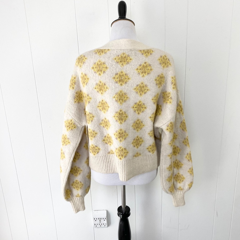 Zara Sz M Yellow Diamond Knit Jewel Button Cardigan Cream Wool Alpaca Blend - Picture 2 of 11